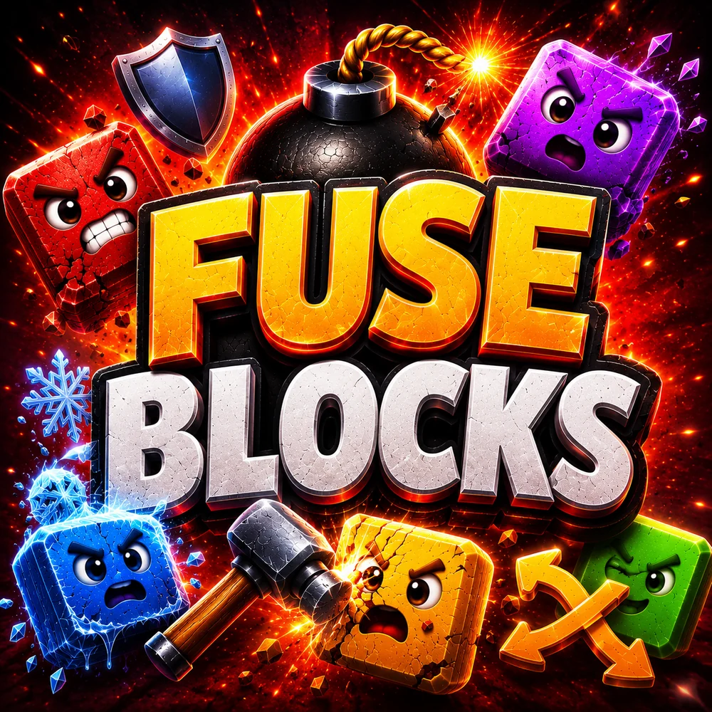 Fuse Blocks game cover featuring colourful blocks, a bomb, shield, hammer, freeze and shuffle powers